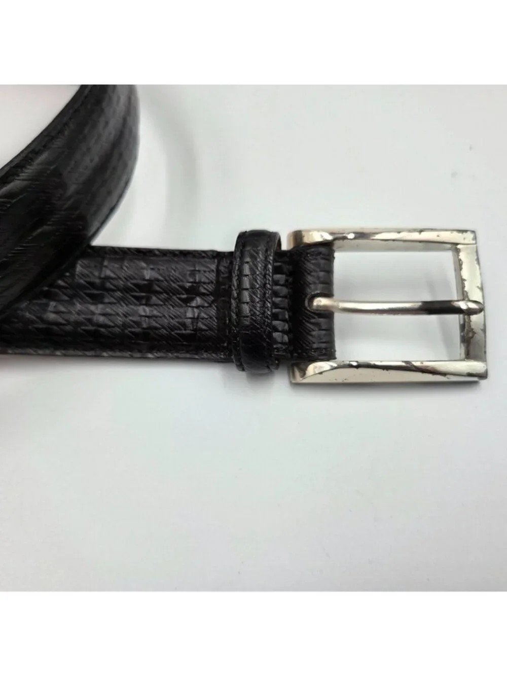 Trafalgar Belt Mens 40 Black Embossed Italian Leather Silvertone Preppy Casual